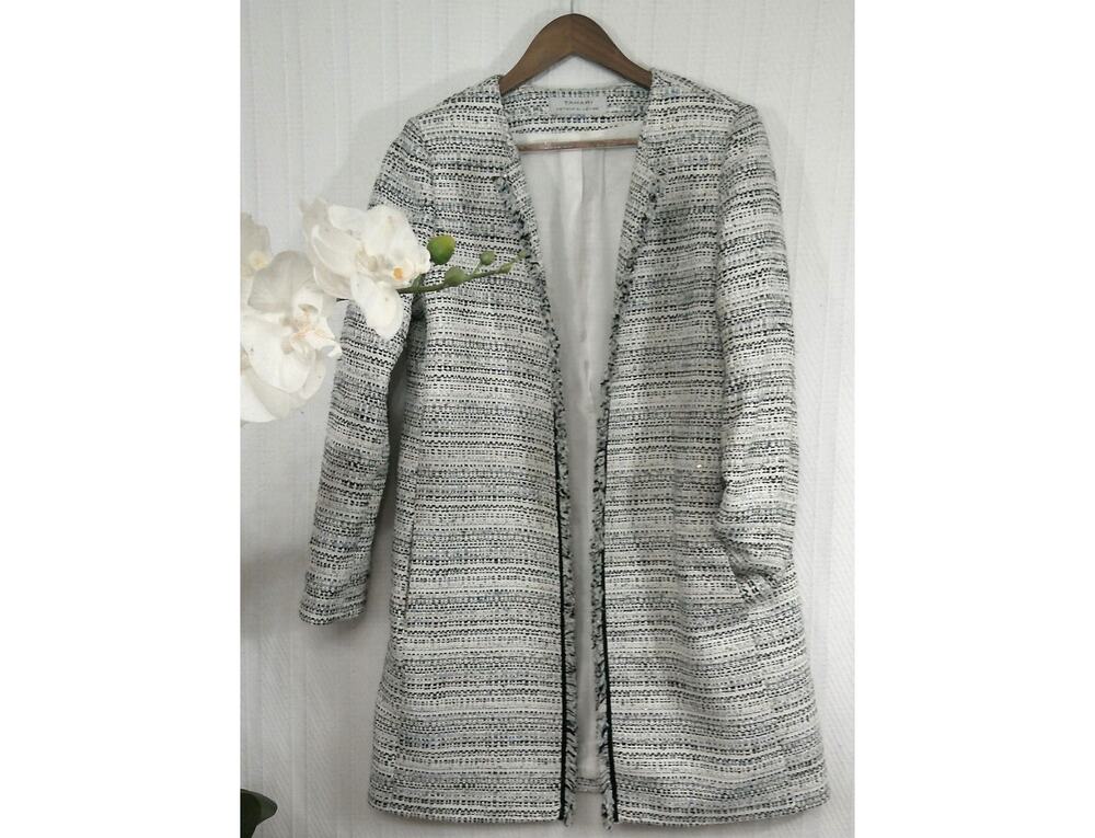 Tahari Long Tweed Hook-Front Long Coat Jacket Black Grey White- Women's Size M